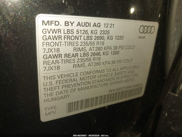 Aukcja sprzedaży 2022 Audi Q3 Premium Plus 45 Tfsi S Line Quattro Tiptronic, vin: WA1EECF35N1068624, numer aukcji: 46230057