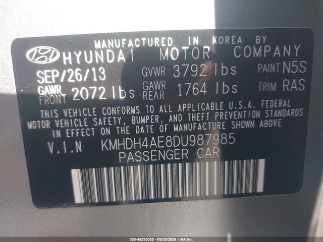 Aukcja sprzedaży 2013 Hyundai Elantra Gls, vin: KMHDH4AE8DU987985, numer aukcji: 46230055