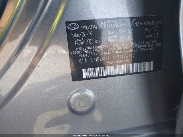 5NPD84LF0KH476742 Hyundai ELANTRA SEL
