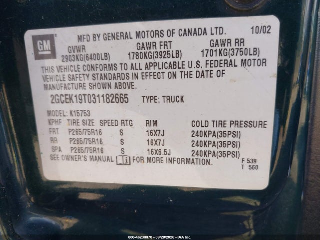 Продаж на аукціоні авто 2003 Chevrolet Silverado 1500 Lt, vin: 2GCEK19T031182665, номер лоту: 46230070