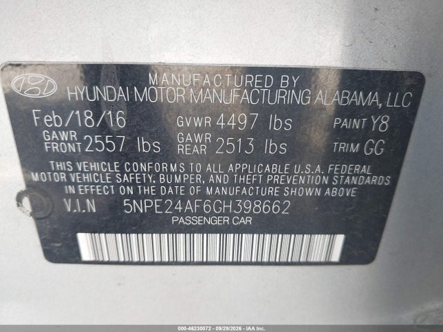 5NPE24AF6GH398662 Hyundai Sonata