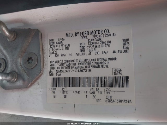 46230076 :رقم المزاد ، NM0LS7E71G1267316 vin ، 2016 Ford Transit Connect Xl مزاد بيع