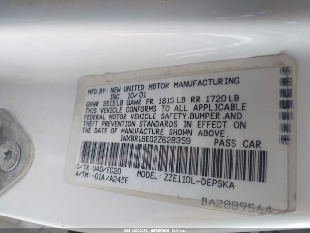 Продажа на аукционе авто 2002 Toyota Corolla S, vin: 1NXBR18E02Z628359, номер лота: 46230093
