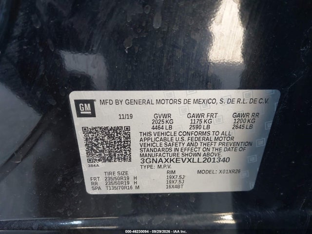 Aukcja sprzedaży 2020 Chevrolet Equinox Fwd Lt 1.5l Turbo, vin: 3GNAXKEVXLL201340, numer aukcji: 46230094