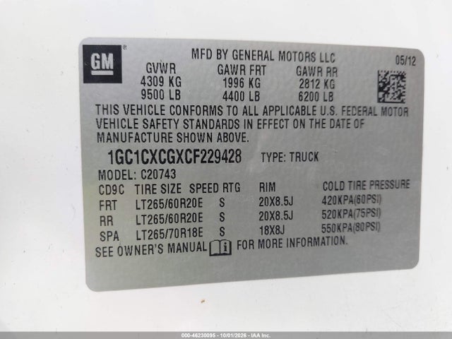 46230095 :رقم المزاد ، 1GC1CXCGXCF229428 vin ، 2012 Chevrolet Silverado 2500hd Lt مزاد بيع