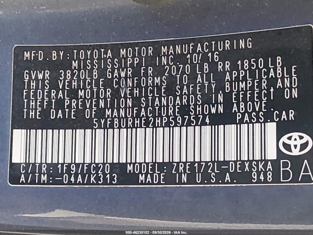Aukcja sprzedaży 2017 Toyota Corolla Se, vin: 5YFBURHE2HP597574, numer aukcji: 46230102
