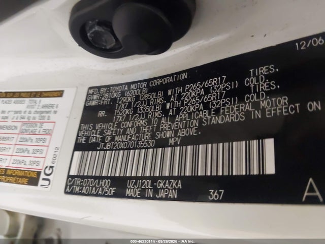 46230114 :رقم المزاد ، JTJBT20X070135530 vin ، 2007 Lexus Gx 470 مزاد بيع
