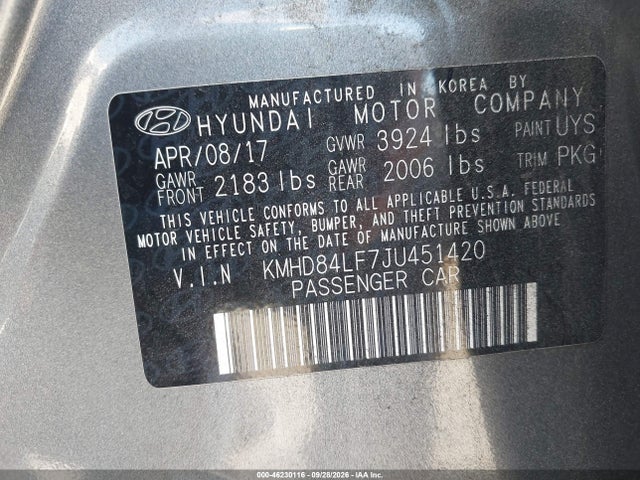 46230116 :رقم المزاد ، KMHD84LF7JU451420 vin ، 2018 Hyundai Elantra Value Edition مزاد بيع