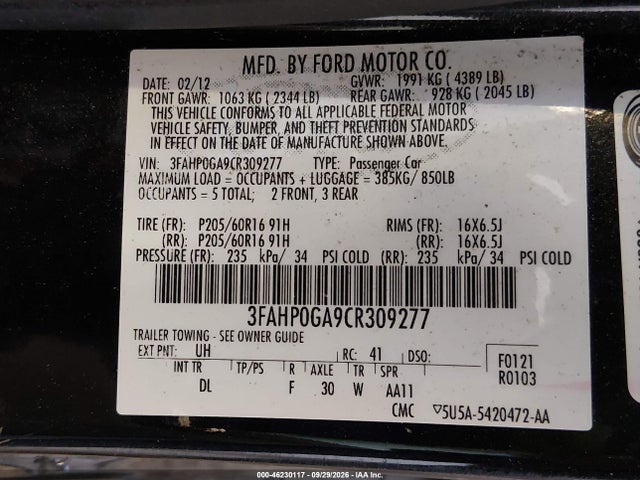 Продаж на аукціоні авто 2012 Ford Fusion S, vin: 3FAHP0GA9CR309277, номер лоту: 46230117