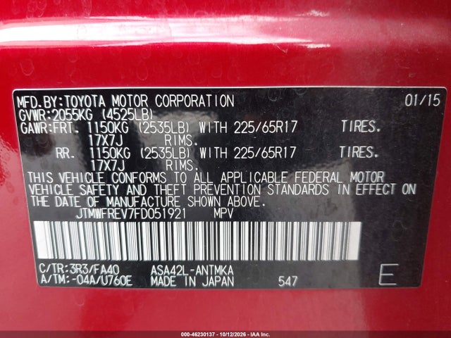 Toyota Rav4 Xle 2015 JTMWFREV7FD051921 Image 9
