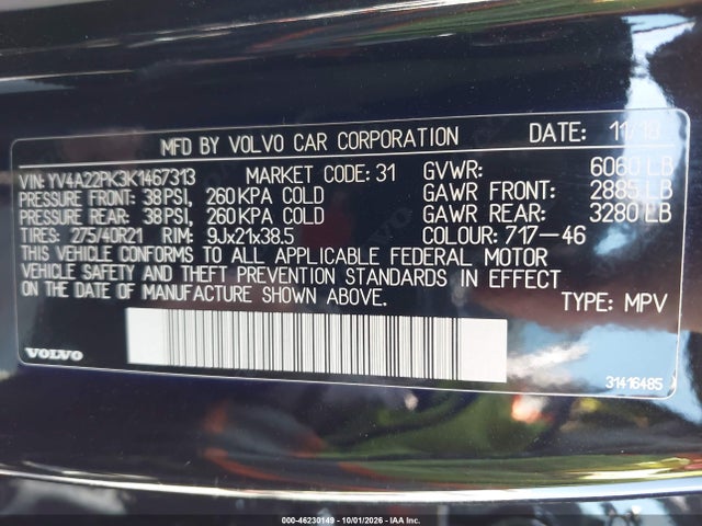 Продажа на аукционе авто 2019 Volvo Xc90 T6 Momentum, vin: YV4A22PK3K1467313, номер лота: 46230149
