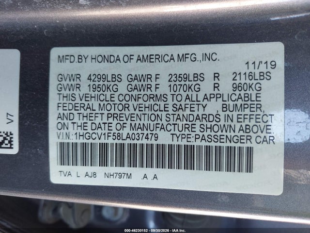 2020 Honda Accord Ex-l მანქანა იყიდება აუქციონზე, vin: 1HGCV1F58LA037479, აუქციონის ნომერი: 46230152