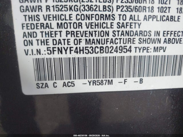 Aukcja sprzedaży 2012 Honda Pilot Ex-l, vin: 5FNYF4H53CB024954, numer aukcji: 46230156