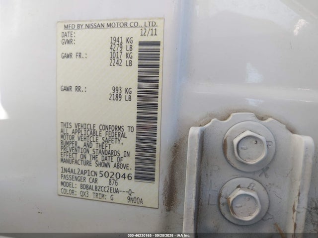 46230165 :رقم المزاد ، 1N4AL2AP1CN502046 vin ، 2012 Nissan Altima 2.5 S مزاد بيع