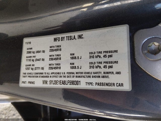 2020 Tesla Model 3 Standard Range Plus Rear-wheel Drive/standard Range Rear-wheel Drive მანქანა იყიდება აუქციონზე, vin: 5YJ3E1EA8LF590301, აუქციონის ნომერი: 46230166