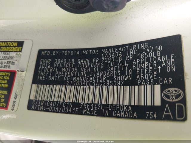 46230169 :رقم المزاد ، 2T1BU4EE1AC385097 vin ، 2010 Toyota Corolla Le مزاد بيع