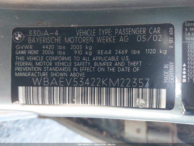 Aukcja sprzedaży 2002 Bmw 330i, vin: WBAEV53422KM22357, numer aukcji: 46230171