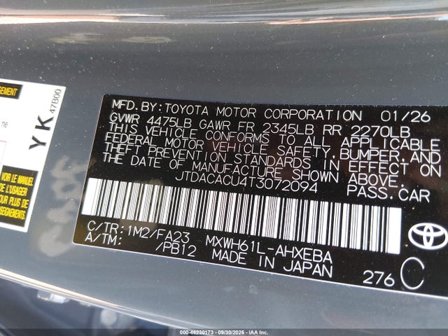 46230173 :رقم المزاد ، JTDACACU4T3072094 vin ، 2026 Toyota Prius Plug-in Hybrid Se مزاد بيع