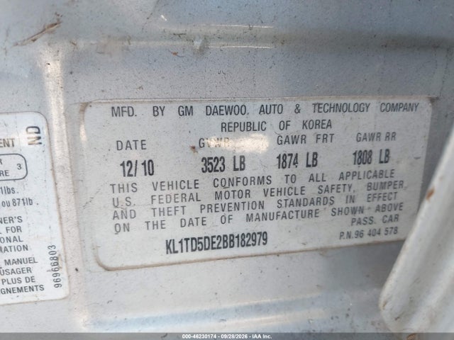 Продаж на аукціоні авто 2011 Chevrolet Aveo 1lt, vin: KL1TD5DE2BB182979, номер лоту: 46230174