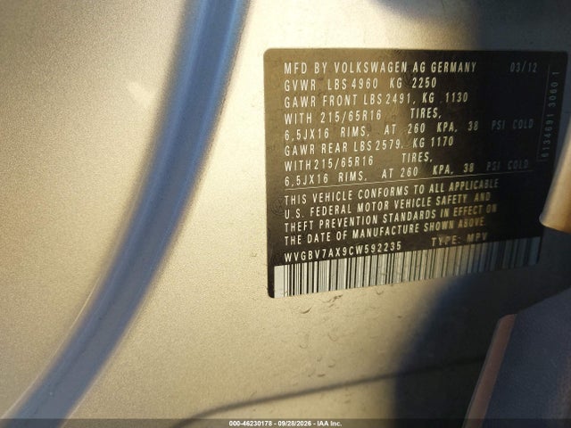 Aukcja sprzedaży 2012 Volkswagen Tiguan S, vin: WVGBV7AX9CW592235, numer aukcji: 46230178