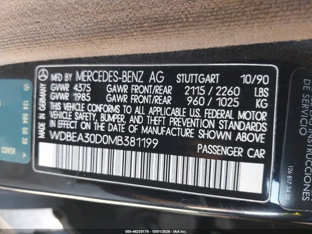 Продажа на аукционе авто 1991 Mercedes-benz 300 E, vin: WDBEA30D0MB381199, номер лота: 46230179