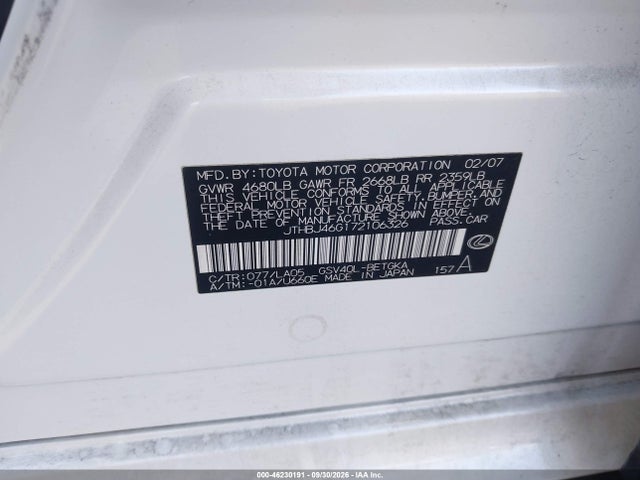 2007 Lexus Es 350 მანქანა იყიდება აუქციონზე, vin: JTHBJ46G172106326, აუქციონის ნომერი: 46230191