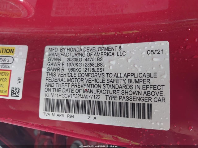 2021 Honda Accord Sport მანქანა იყიდება აუქციონზე, vin: 1HGCV1F32MA077122, აუქციონის ნომერი: 46230201