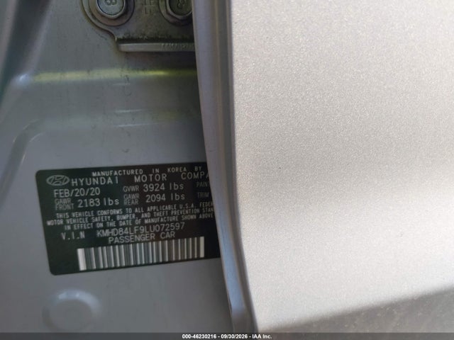 2020 Hyundai Elantra Sel მანქანა იყიდება აუქციონზე, vin: KMHD84LF9LU072597, აუქციონის ნომერი: 46230216