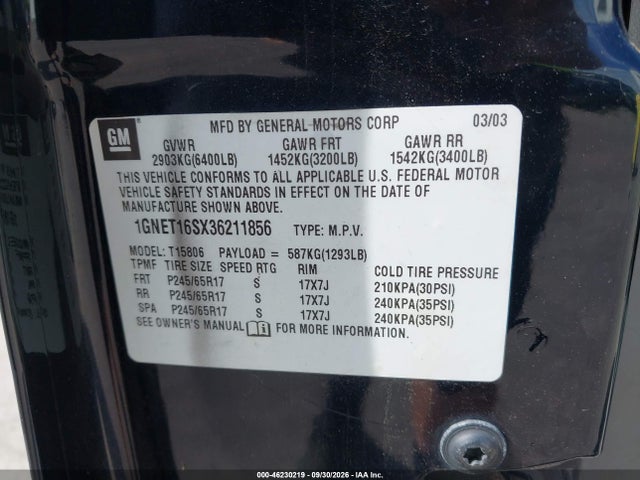 46230219 :رقم المزاد ، 1GNET16SX36211856 vin ، 2003 Chevrolet Trailblazer Ext Lt مزاد بيع