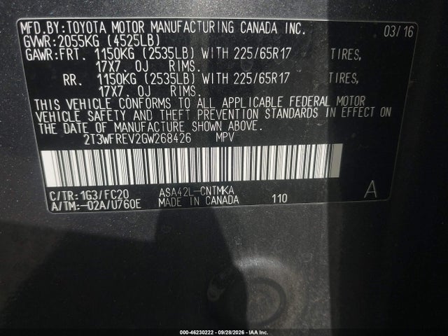 Toyota Rav4 Xle 2016 2T3WFREV2GW268426 Image 9