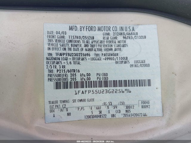 2003 Ford Taurus Ses მანქანა იყიდება აუქციონზე, vin: 1FAFP55U23G225696, აუქციონის ნომერი: 46230223