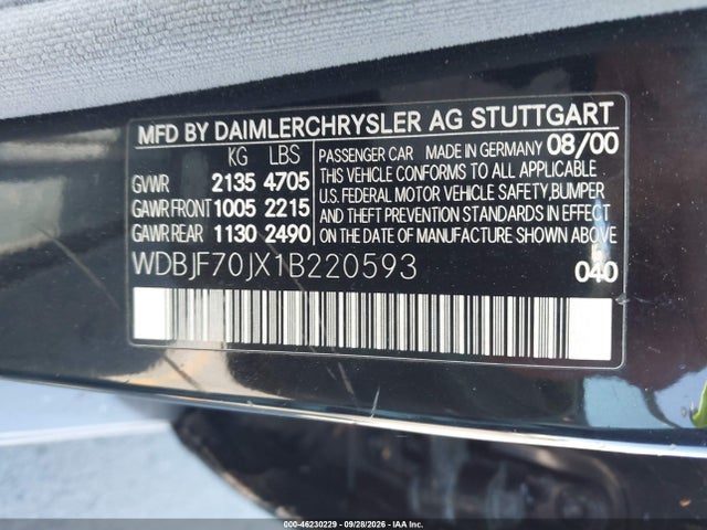 46230229 :رقم المزاد ، WDBJF70JX1B220593 vin ، 2001 Mercedes-benz E 430 مزاد بيع