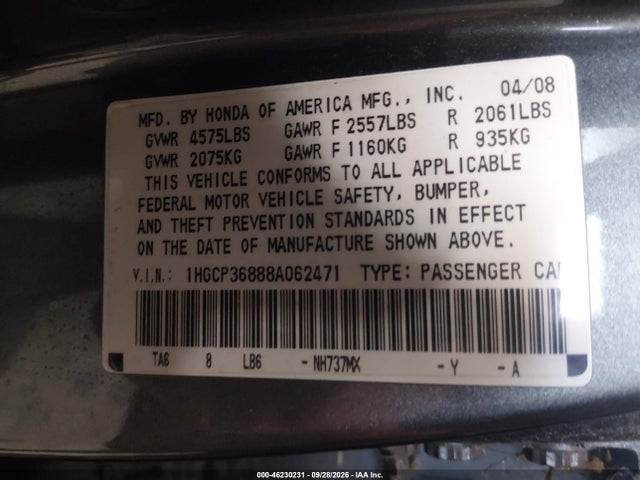 2008 Honda Accord 3.5 Ex-l მანქანა იყიდება აუქციონზე, vin: 1HGCP36888A062471, აუქციონის ნომერი: 46230231
