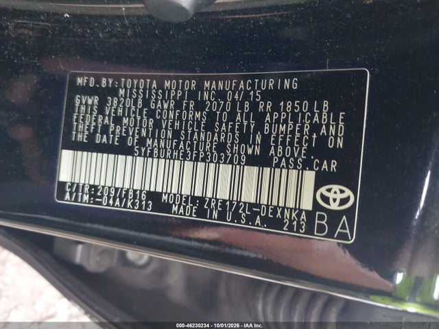 46230234 :رقم المزاد ، 5YFBURHE3FP303709 vin ، 2015 Toyota Corolla Le مزاد بيع