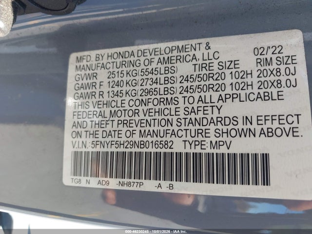 Honda Pilot 2wd Special Edition 2022 5FNYF5H29NB016582 Image 9
