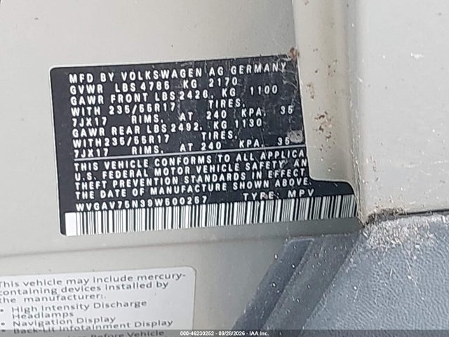 Продажа на аукционе авто 2009 Volkswagen Tiguan S/se/sel, vin: WVGAV75N39W500257, номер лота: 46230252