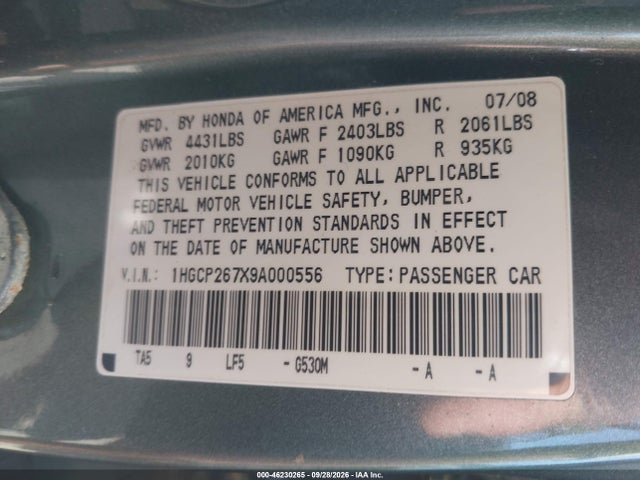 Продаж на аукціоні авто 2009 Honda Accord 2.4 Ex, vin: 1HGCP267X9A000556, номер лоту: 46230265
