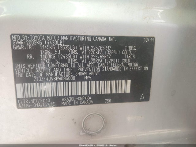 2011 Toyota Rav4 მანქანა იყიდება აუქციონზე, vin: 2T3ZF4DV8BW096008, აუქციონის ნომერი: 46230288
