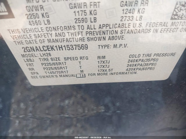 Продаж на аукціоні авто 2017 Chevrolet Equinox Lt, vin: 2GNALCEK1H1537569, номер лоту: 46230307