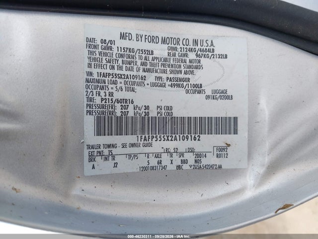 46230311 :رقم المزاد ، 1FAFP55SX2A109162 vin ، 2002 Ford Taurus Ses مزاد بيع