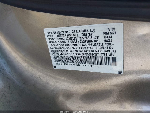 Aukcja sprzedaży 2005 Honda Odyssey Ex-l, vin: 5FNRL38785B094297, numer aukcji: 46230356