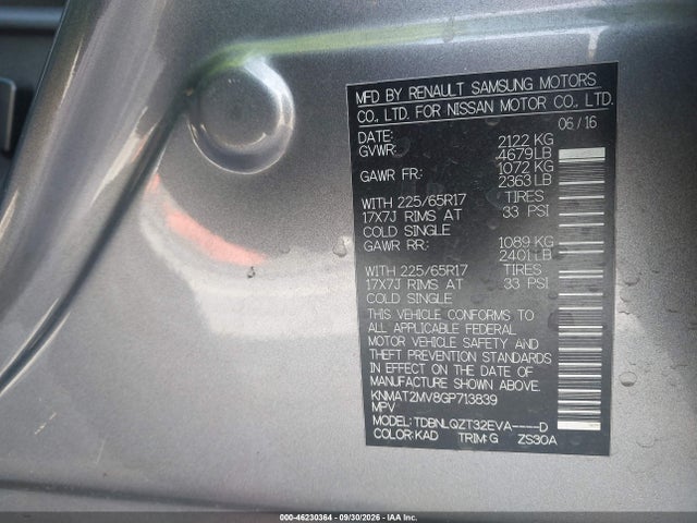 46230364 :رقم المزاد ، KNMAT2MV8GP713839 vin ، 2016 Nissan Rogue Sv مزاد بيع