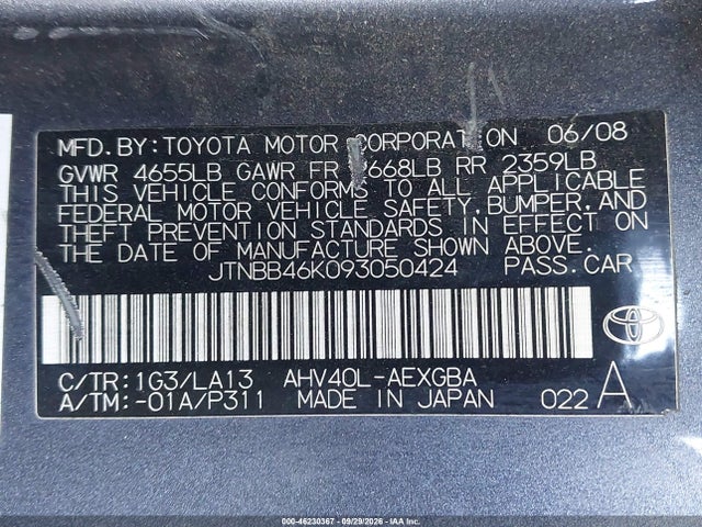 Aukcja sprzedaży 2009 Toyota Camry Hybrid, vin: JTNBB46K093050424, numer aukcji: 46230367