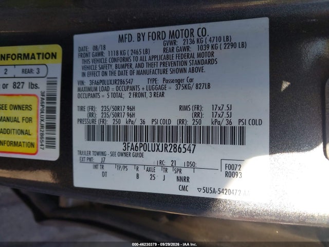 Продажа на аукционе авто 2018 Ford Fusion Hybrid Se, vin: 3FA6P0LUXJR286547, номер лота: 46230379