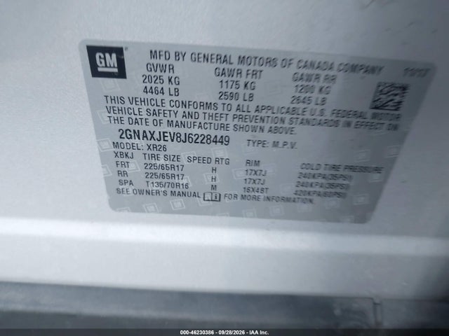Chevrolet EQUINOX LT 2018 2GNAXJEV8J6228449 Image 9