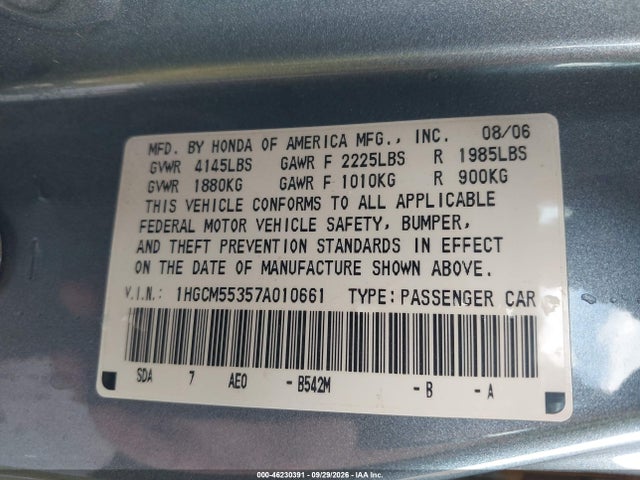 46230391 :رقم المزاد ، 1HGCM55357A010661 vin ، 2007 Honda Accord 2.4 Se مزاد بيع