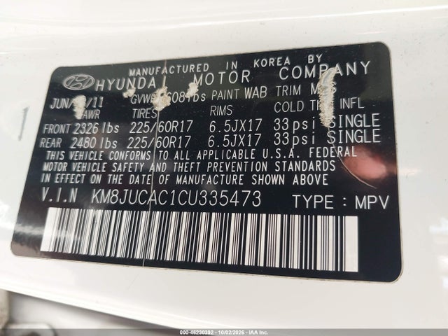 Aukcja sprzedaży 2012 Hyundai Tucson Gls, vin: KM8JUCAC1CU335473, numer aukcji: 46230392