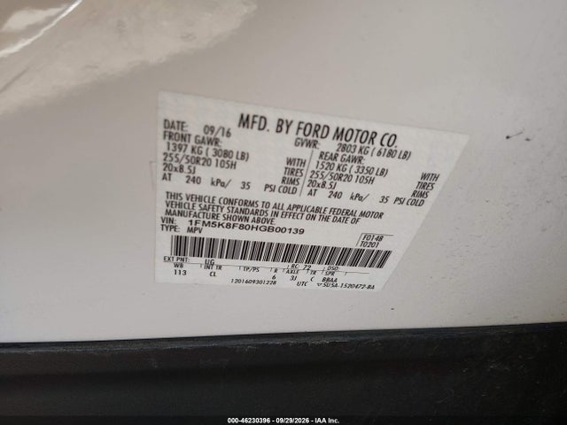 Ford Explorer Limited 2017 1FM5K8F80HGB00139 Image 9