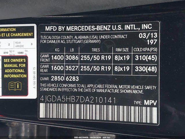 Продаж на аукціоні авто 2013 Mercedes-benz Ml 350 4matic, vin: 4JGDA5HB7DA210141, номер лоту: 46230409