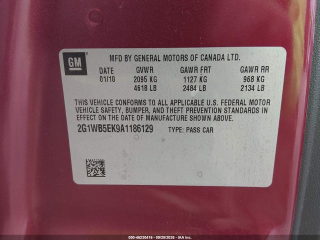 46230416 :رقم المزاد ، 2G1WB5EK9A1186129 vin ، 2010 Chevrolet Impala Lt مزاد بيع